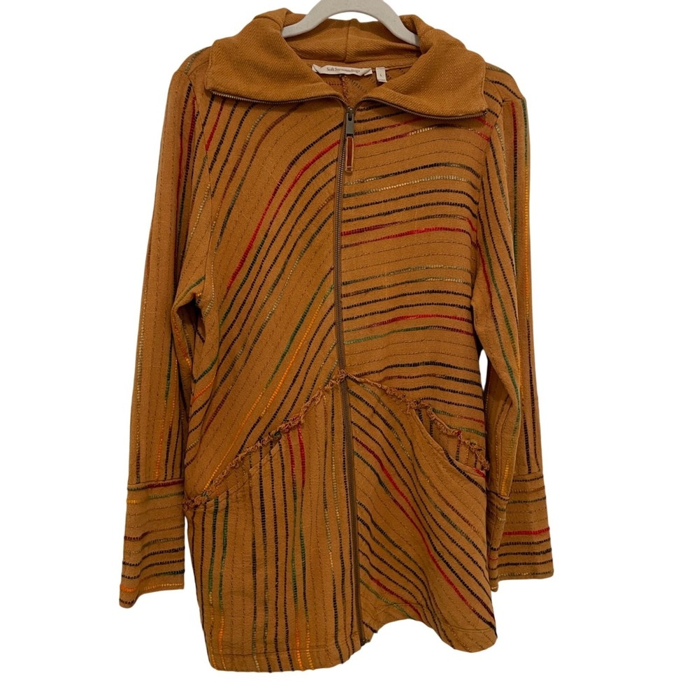 Soft Surroundings Zip Jacket L Orange Multi Stripe Funnel Neck Boho Artisan
